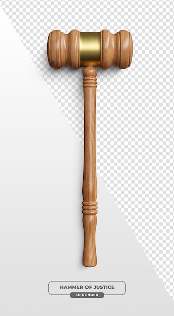 Marteau en bois avec une bande dorée représentant la loi et la justice en 3D