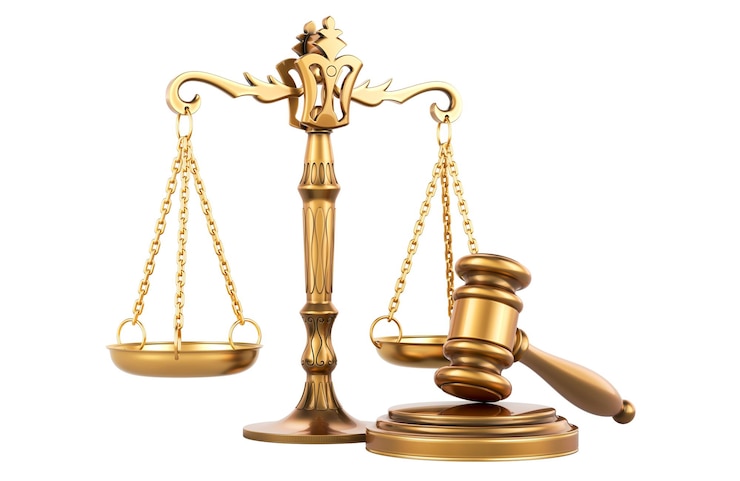 PSD le marteau en bois doré et les balances de la justice rendu 3d isolé sur un fond transparent