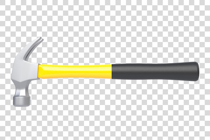 PSD marteau à griffes avec manche en plastique jaune isolé sur fond blanc vue de face rendu 3d
