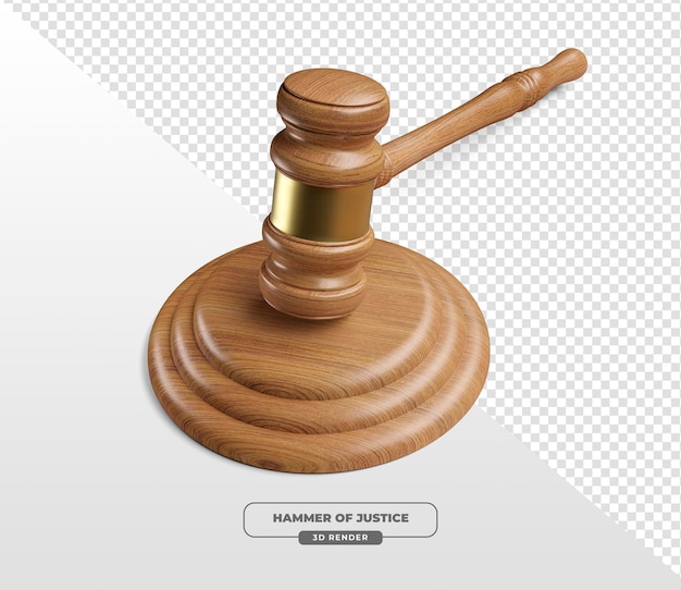 Martello di legno che simboleggia la giustizia e il sistema giuridico in rendering 3D