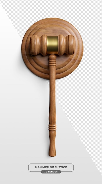 Martillo en base de madera Símbolo de la ley y la justicia en renderización 3D
