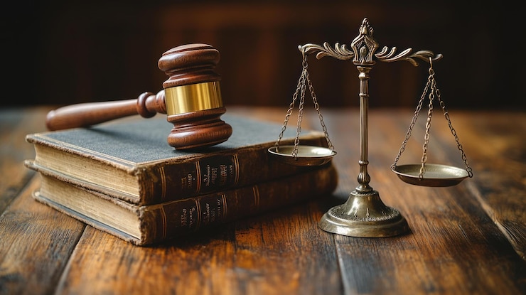 PSD un martillo de madera descansa sobre dos libros de leyes con una balanza de bronce de la justicia a su lado
