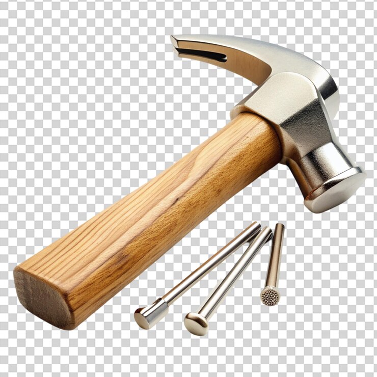 PSD un martillo de madera con un mango de plata y una cabeza de plata en un fondo transparente