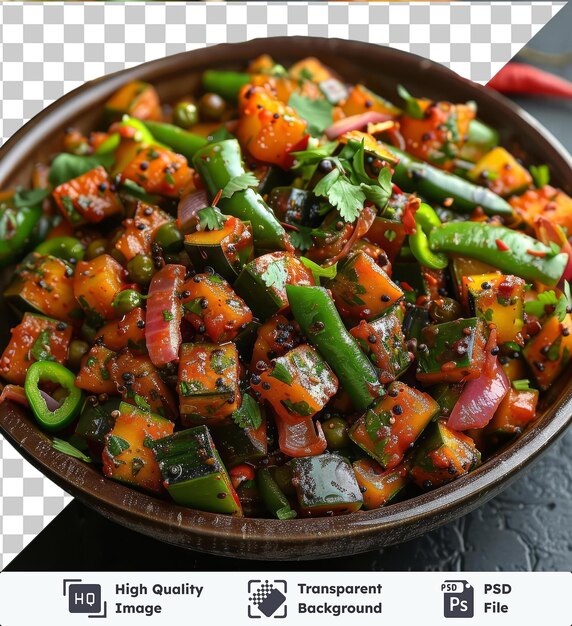 PSD masala bhindi de haute qualité, transparent, servi dans un bol en bois accompagné d'un poivre vert et d'un piment rouge avec une cuillère d'argent pour les ustensiles