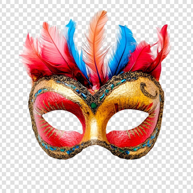Máscara de carnaval veneciana vibrante con plumas de colores sobre un fondo transparente