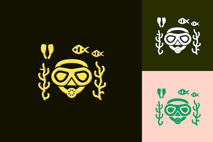 PSD máscara de mergulho png com logotipo com tema subaquático com um esboço de cor de peixe arte designs criativos