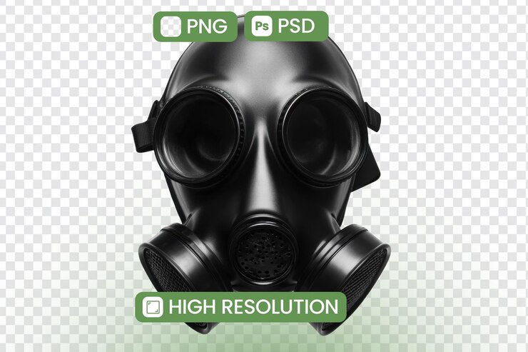 PSD máscara de gas negra de alta resolución png y archivos psd descarga para proyectos de diseño gráfico arte digital y modelado 3d ideal para ilustraciones conceptuales y temas post-apocalípticos