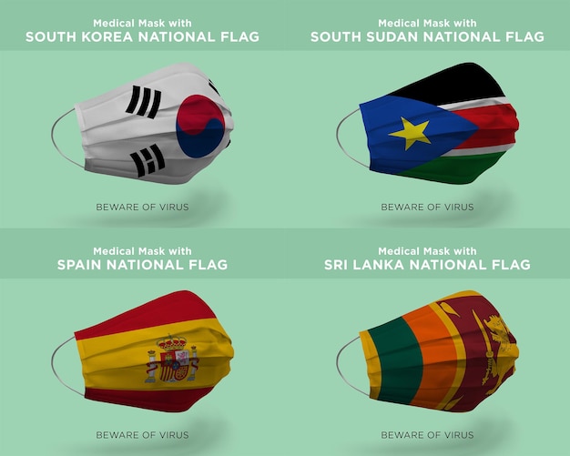 PSD máscara médica con banderas de la nación de corea del sur sudán del sur españa sri lanka
