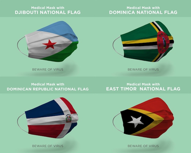 Máscara médica com bandeiras da nação do timor leste djbouti dominica república dominicana