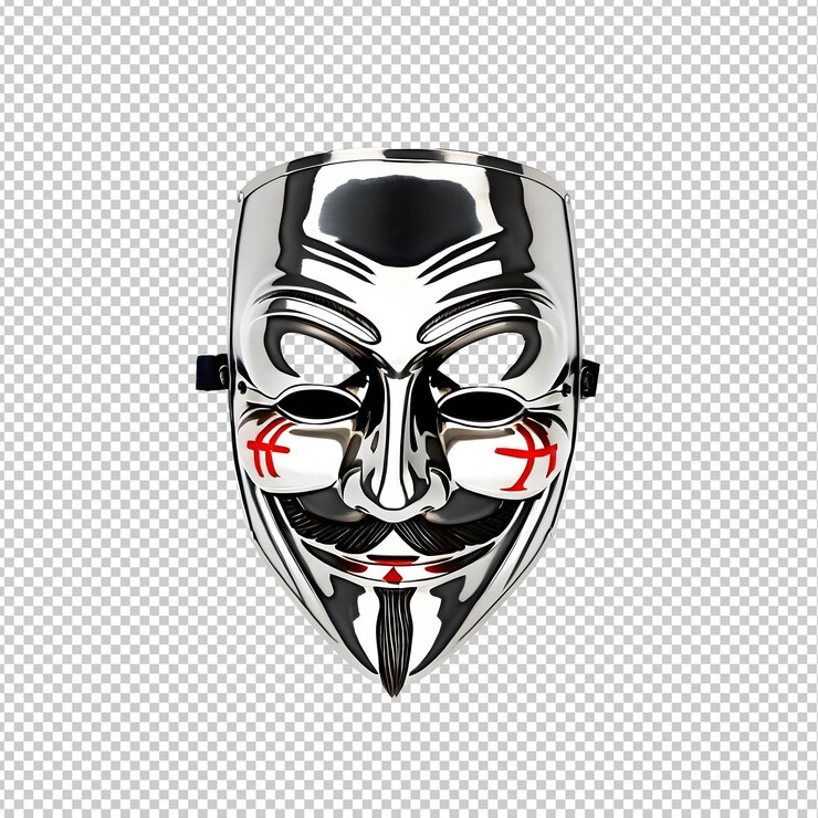 PSD la máscara de metal anónima de guy fawkes aislada sobre un fondo transparente
