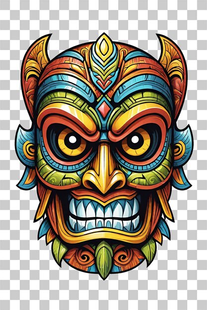 Máscara tribal tiki com desenho de ornamentos étnicos em fundo transparente