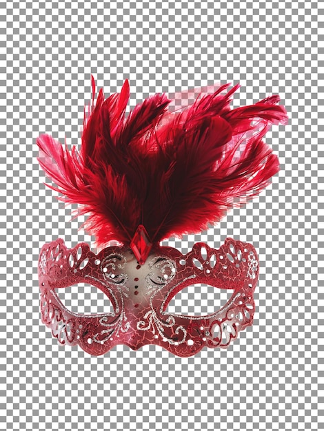 Maschera di carnevale rossa con piume isolate su sfondo trasparente