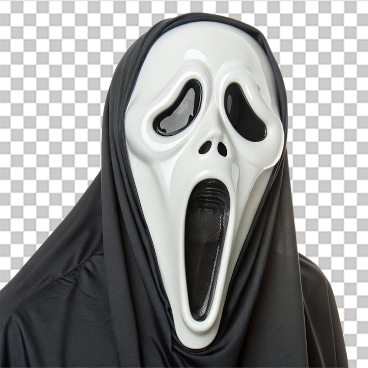 PSD maschera fantasma iconica in espressione di shock isolata su uno sfondo trasparente