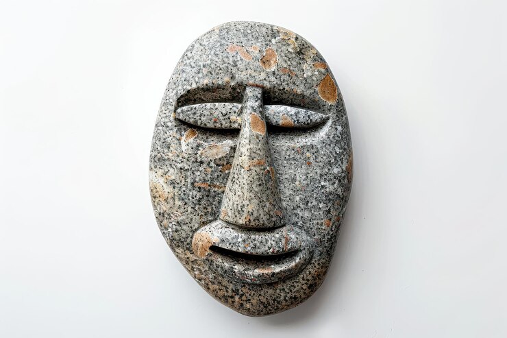 PSD maschera in pietra di granito che mostra intagli intricati evidenziati da texture naturali e toni terrosi visualizzati contro uno sfondo neutro