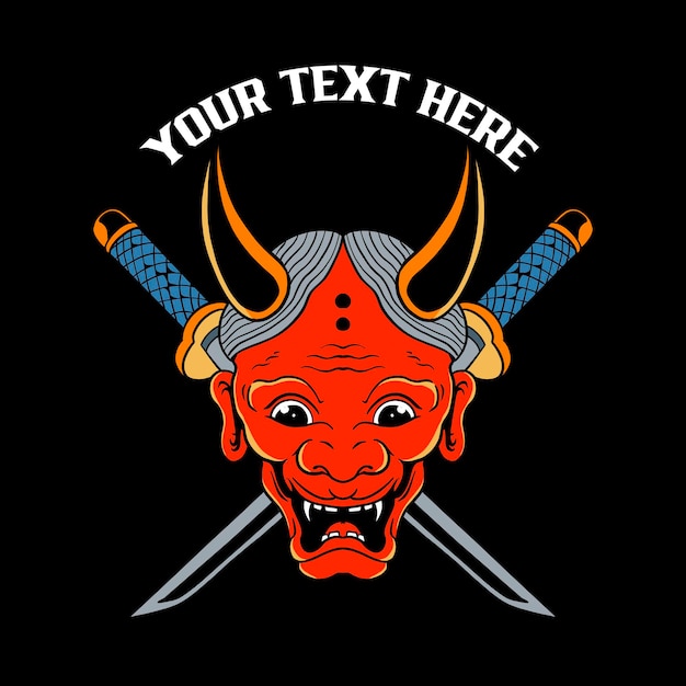 Maschera oni giapponese rossa con illustrazione di katana incrociate