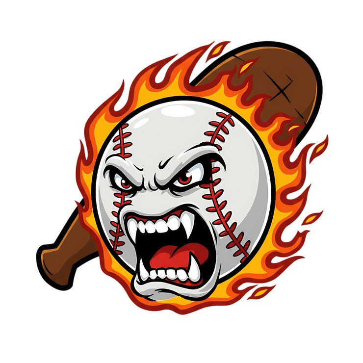 PSD mascota de béisbol enfurecida con expresión facial feroz logotipo de mascota de dibujos animados deportivos ilustración