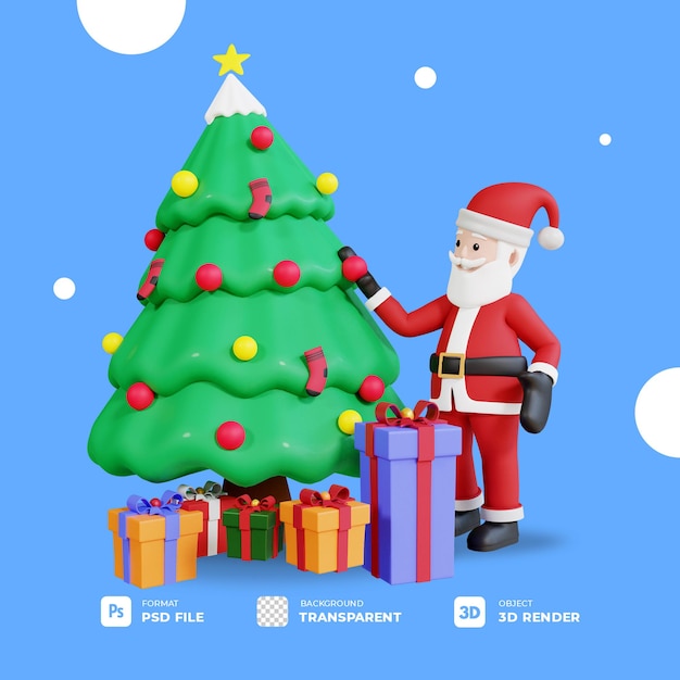 Mascota de santa claus personaje 3d con árbol de navidad y caja de regalo