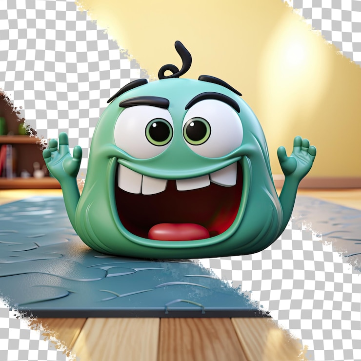 PSD la mascota verde de la alfombra de yoga sollozando sobre un fondo transparente