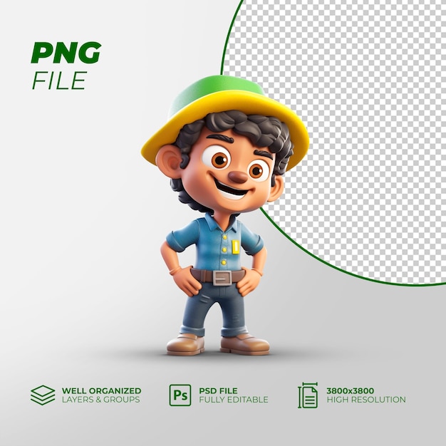 PSD mascote de personagem de fazendeiro 3d char 3d com personagem de desenho animado de chapéu