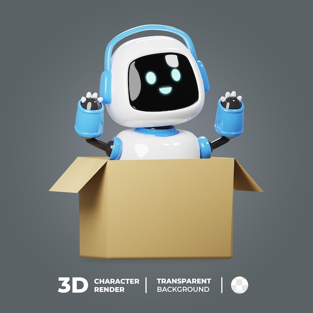 PSD mascotte 3d boîte ouverte de robot mignon