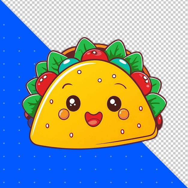 Une mascotte de dessin animé mignonne et un autocollant de Taco avec des tomates et des feuilles PNG Arrière-plan transparent
