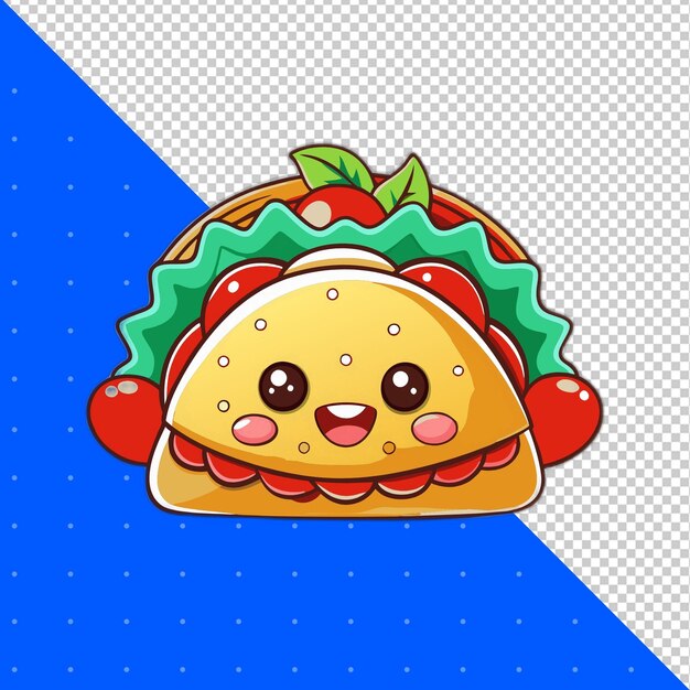 Une mascotte de dessin animé mignonne et un autocollant de Taco avec des tomates et des feuilles PNG Arrière-plan transparent