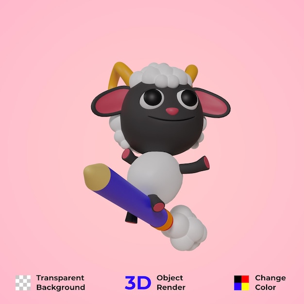 PSD mascotte de mouton mignon illustration de rendu 3d. fond transparent et facile à changer de couleur.