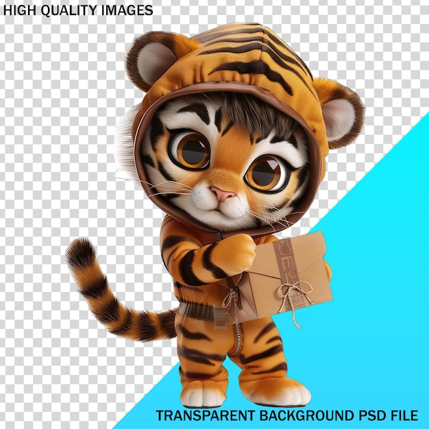 une mascotte de tigre avec une boîte qui dit haute qualité