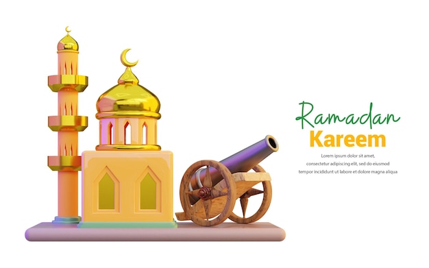 Masjid y icono de cañón sobre fondo blanco 3d render concepto para ramadan kareem