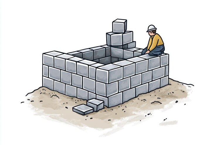 PSD mason construyendo una pequeña estructura de pared de bloques