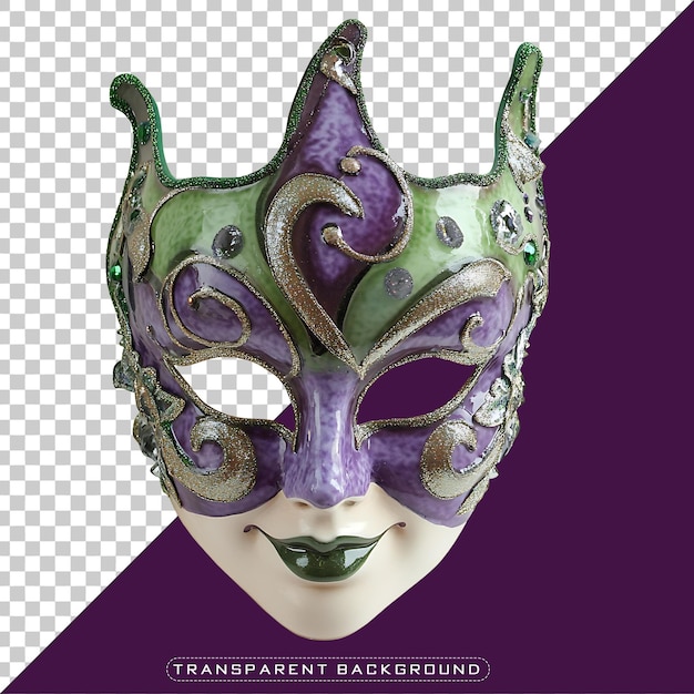 Masque de Mardi Gras pourpre et verte ornée d'accents dorés sur fond transparent