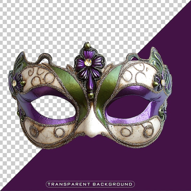 Masque de Mardi Gras pourpre et verte ornée d'accents dorés sur fond transparent