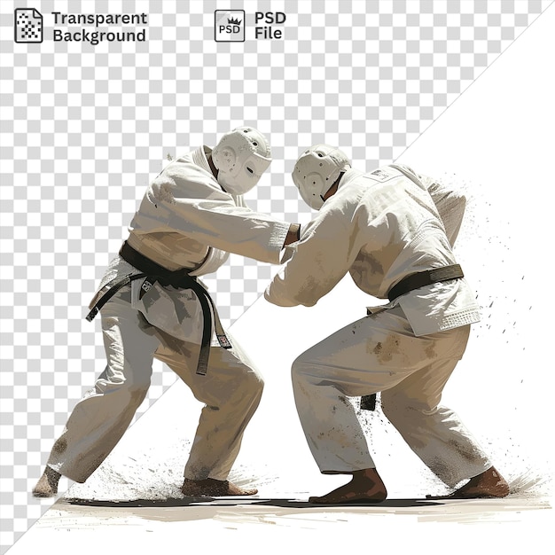 PSD match de judo de maîtres de judo réaliste transparent capturé en action mettant en vedette un homme blanc portant une chemise blanche et un pantalon avec une ceinture noire visible au premier plan