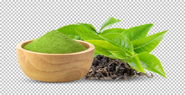Matcha grüner Tee in Holzschale und Teeblätter auf Alphaschicht