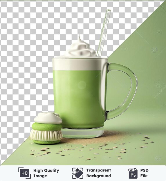 PSD matcha latte espumoso de alta qualidade, psd transparente, em um copo verde com um topo branco e palha colocado em uma parede verde com uma alça de vidro visível no fundo