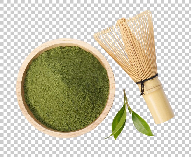 PSD matcha polvere di tè verde in ciotola con foglie di tè verde biologico e frustino di filo giapponese prodotto biologico della natura per la salute con stile tradizionale png trasparenza