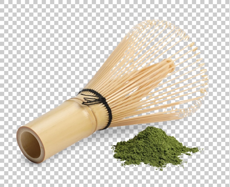 PSD matcha tè verde in polvere con filo giapponese whisk isolato prodotto biologico della natura per la salute con stile tradizionale png trasparenza con ombra