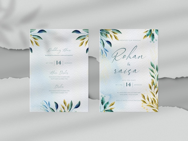 Matrimonio floreale ad acquerello disegnato a mano con mockup di biglietti d'invito