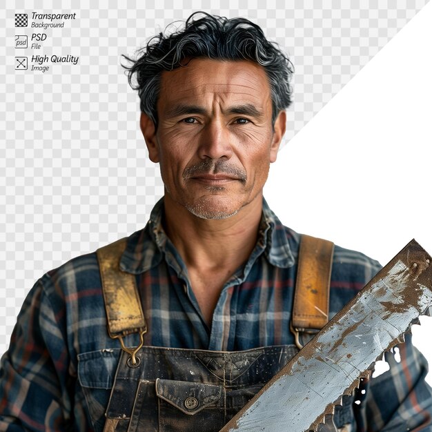 PSD mature carpenter with tool on transparent background