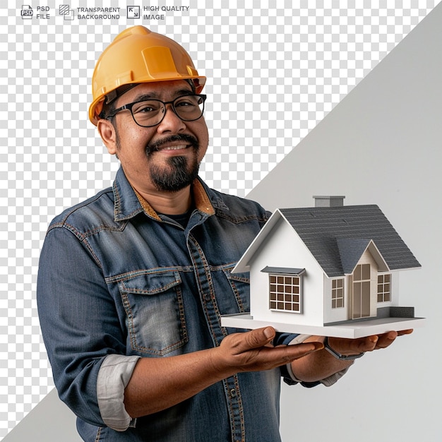 PSD mature man holding a house model on transparent background