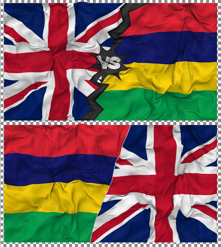 PSD maurício versus reino unido meia bandeira combinada textura de tecido 3d rendering