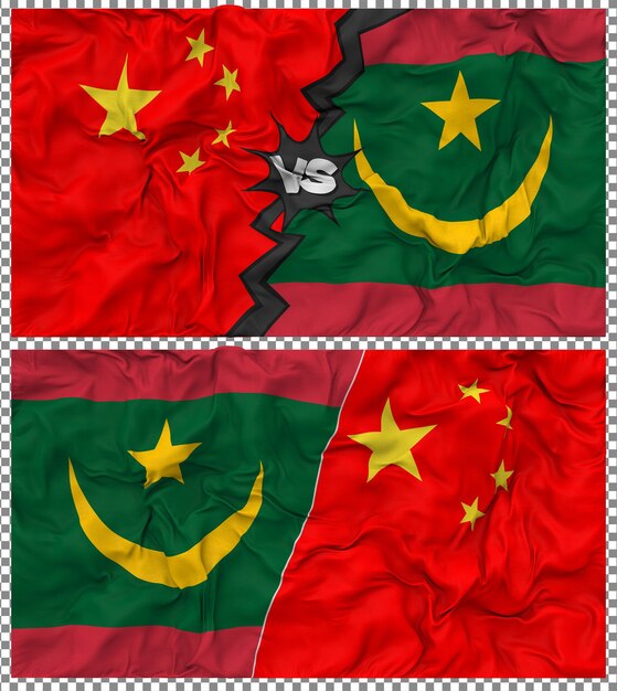 Mauritania contra China Media bandera combinada con textura 3D de la tela
