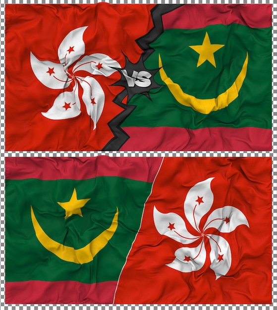 Mauritania contra Hong Kong Media bandera combinada con textura 3D de la tela de la bandera