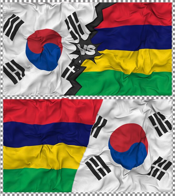 Mauritius gegen Südkorea Halbkombinierte Flagge Stoff-Bump-Textur 3D-Rendering