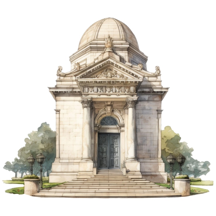 PSD mausoléu arquitetônico neoclássico, aquarela com telhado abobadado e degraus