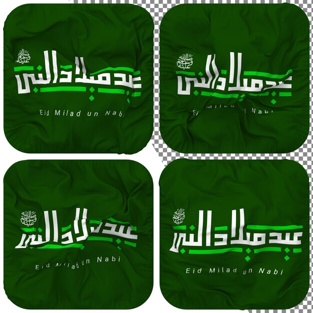 Mawlid an Nabi Bandera Escudero Forma Aislada Diferentes Estilos De Ondulación Textura De Protuberancia Representación 3D