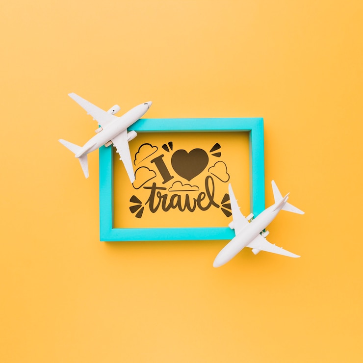 PSD me encanta viajar lettering en marco con aviones