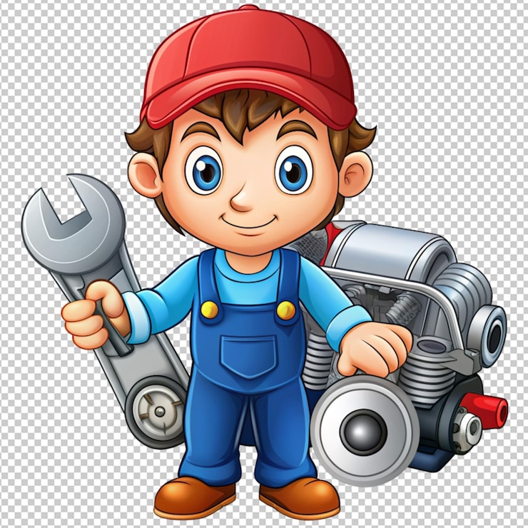 PSD un mécanicien de dessin animé mignon qui assure l'entretien d'un moteur de voiture sur un fond transparent