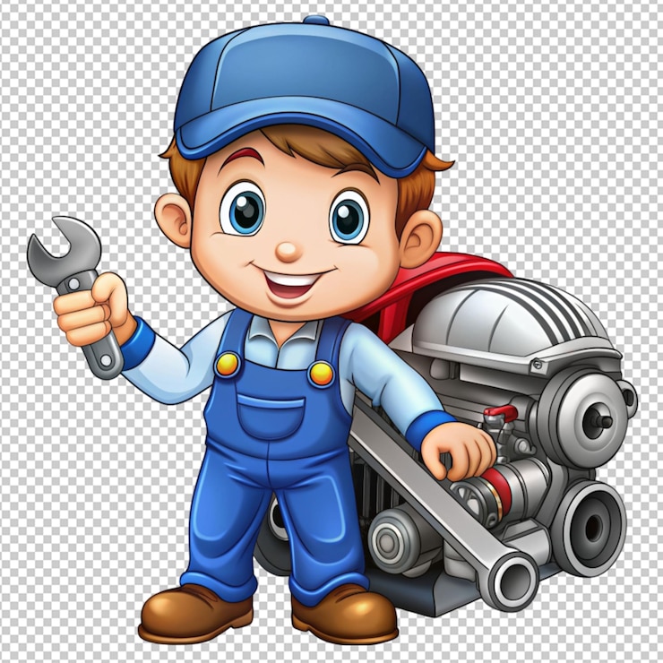 PSD un mécanicien de dessin animé mignon qui assure l'entretien d'un moteur de voiture sur un fond transparent