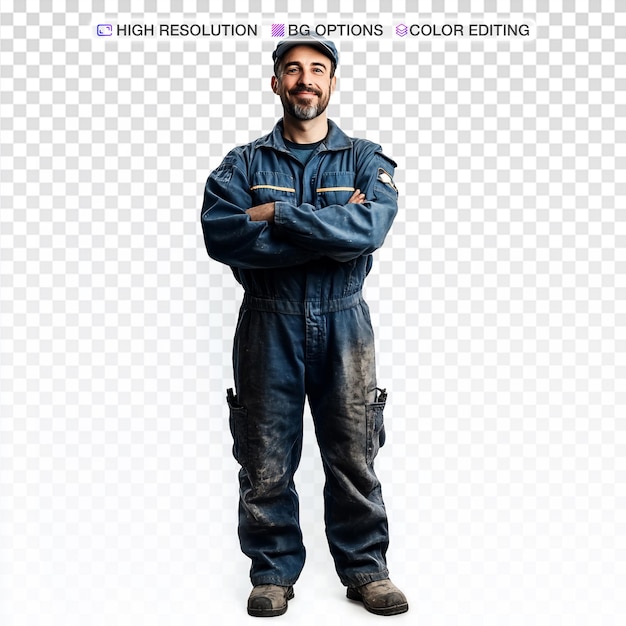 Mecânico alegre posando com confiança contra um fundo branco